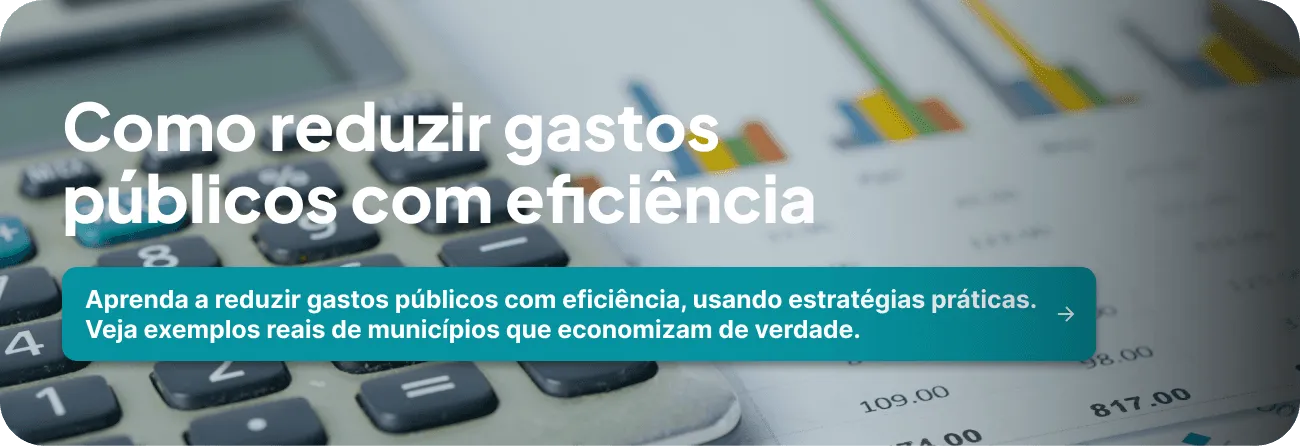 Banner do artigo "Como reduzir gastos públicos com eficiência", mostrando uma calculadora e gráficos de finanças ao fundo.