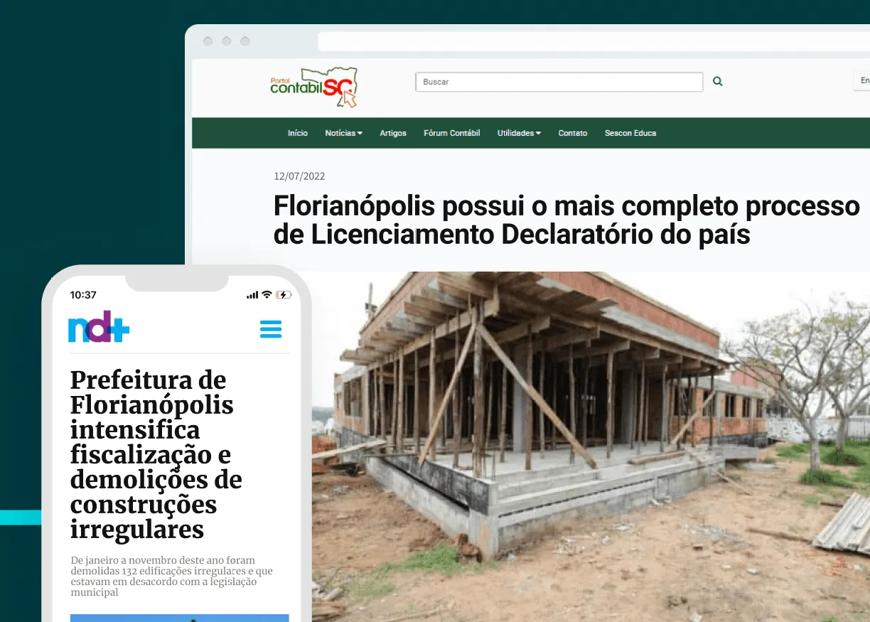 Exemplo de matérias sobre o licenciamento declaratório e fiscalização de construções irregulares em Florianópolis (SC).
