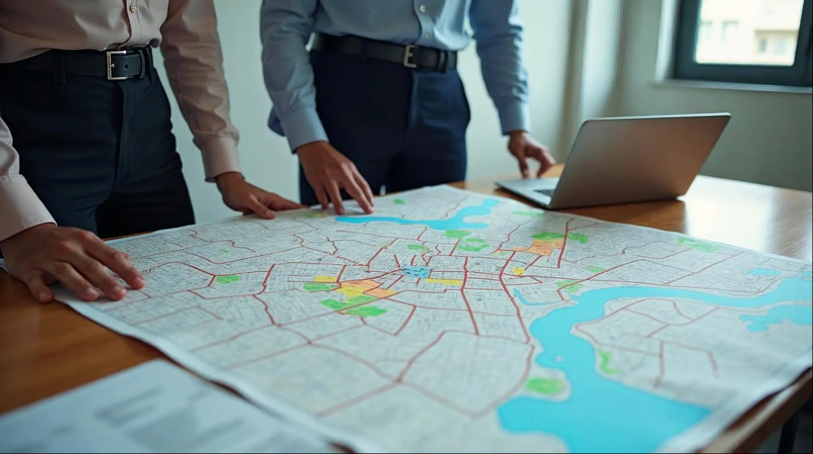 Servidores da área tributária analisando mapa cadastral impresso com zonas de valor em uma mesa de secretaria de Fazenda