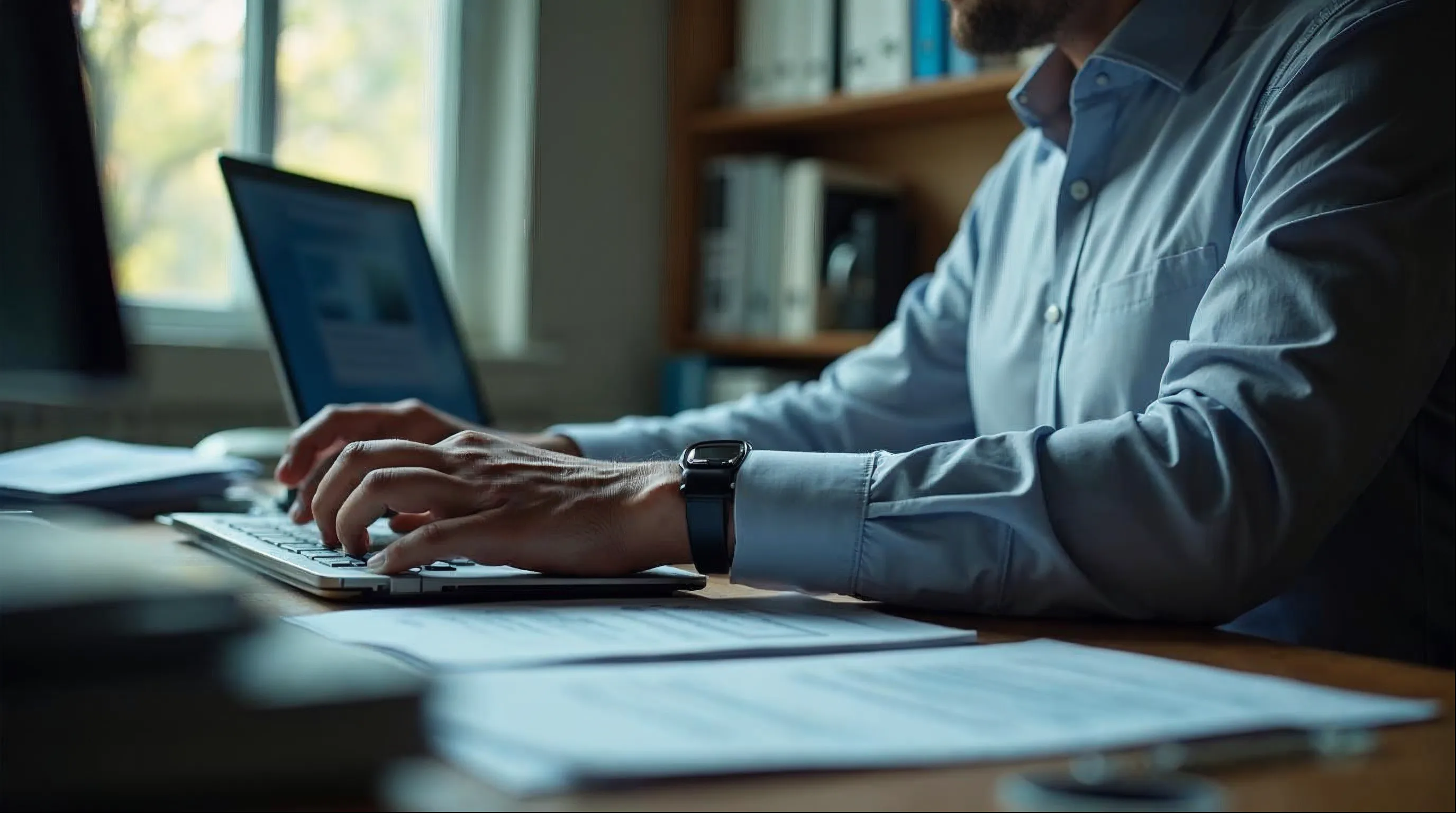 Gestora municipal analisando processos de fiscalização administrativa em ambiente digital
