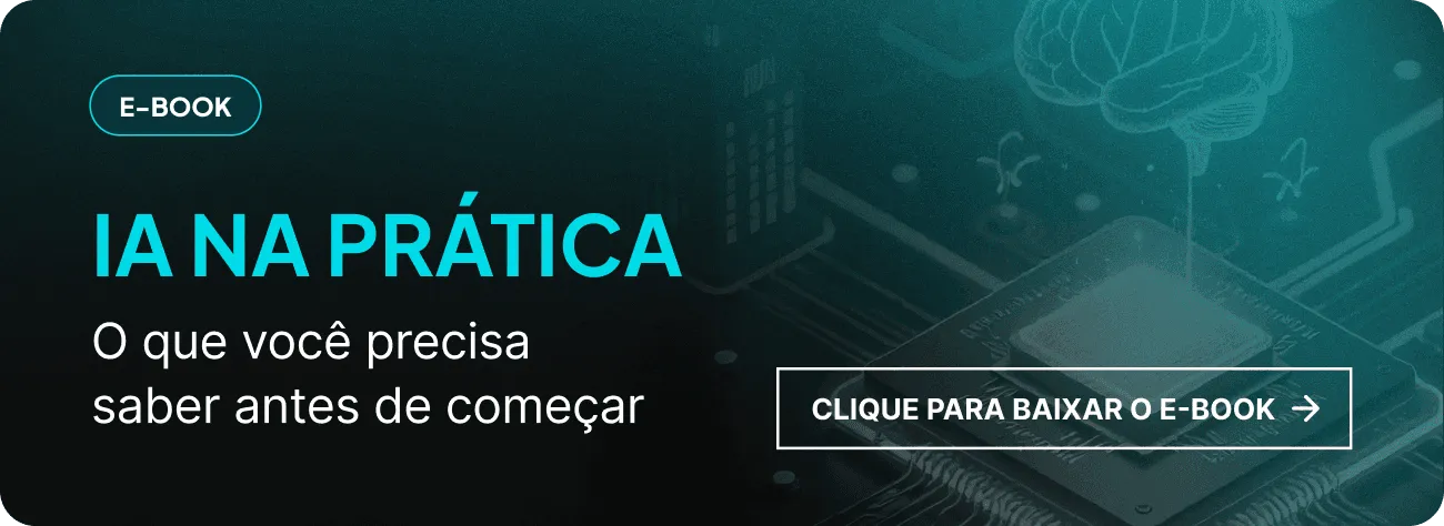 Banner promocional do e-book “IA na prática”, com chip eletrônico e texto “O que você precisa saber antes de começar”.