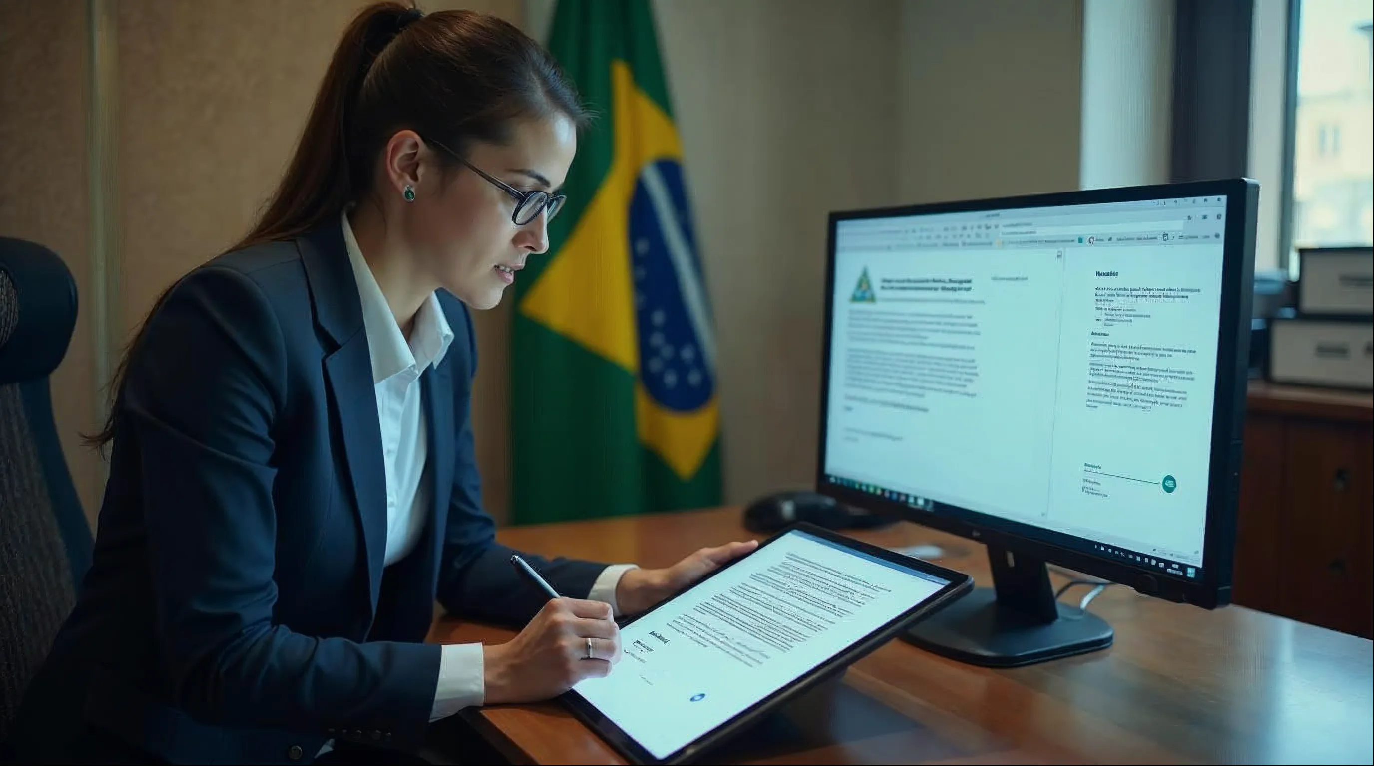 Servidora pública assina digitalmente uma portaria municipal em tablet, com bandeira do Brasil ao fundo