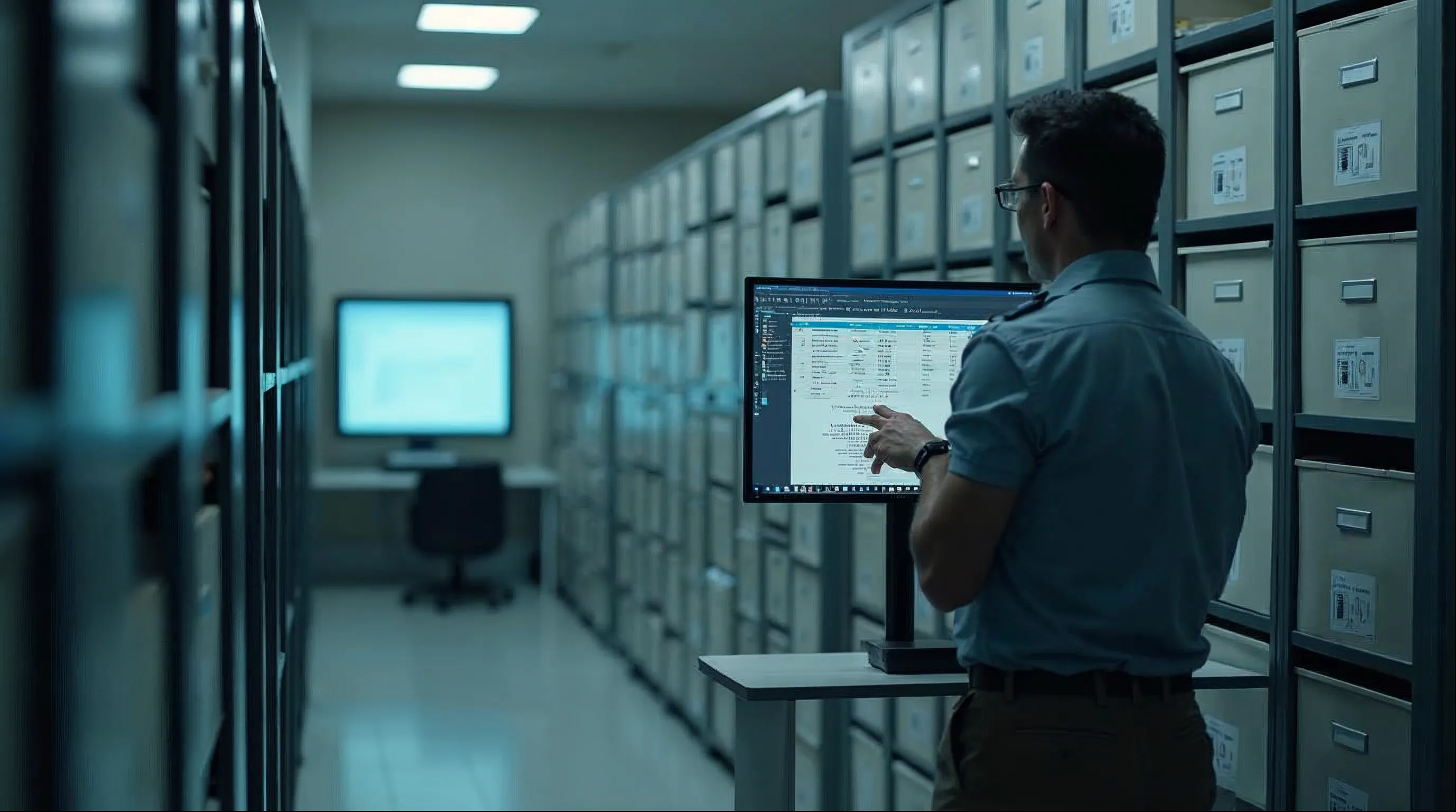 Arquivo municipal organizado com documentos e registros digitais