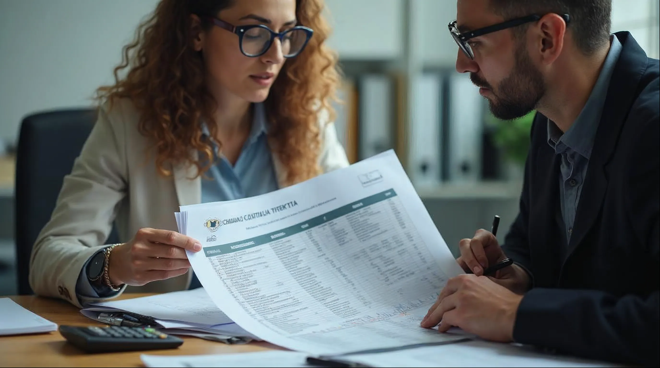 Secretário de finanças e controlador interno analisando cotações de preços e processo de compra sobre mesa de trabalho