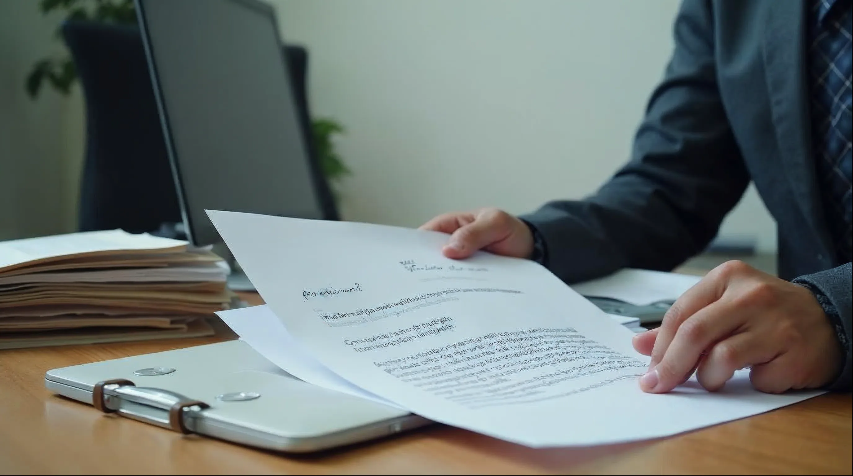Servidor de uma secretaria de compras analisando processo administrativo de sanção a fornecedor em mesa de trabalho