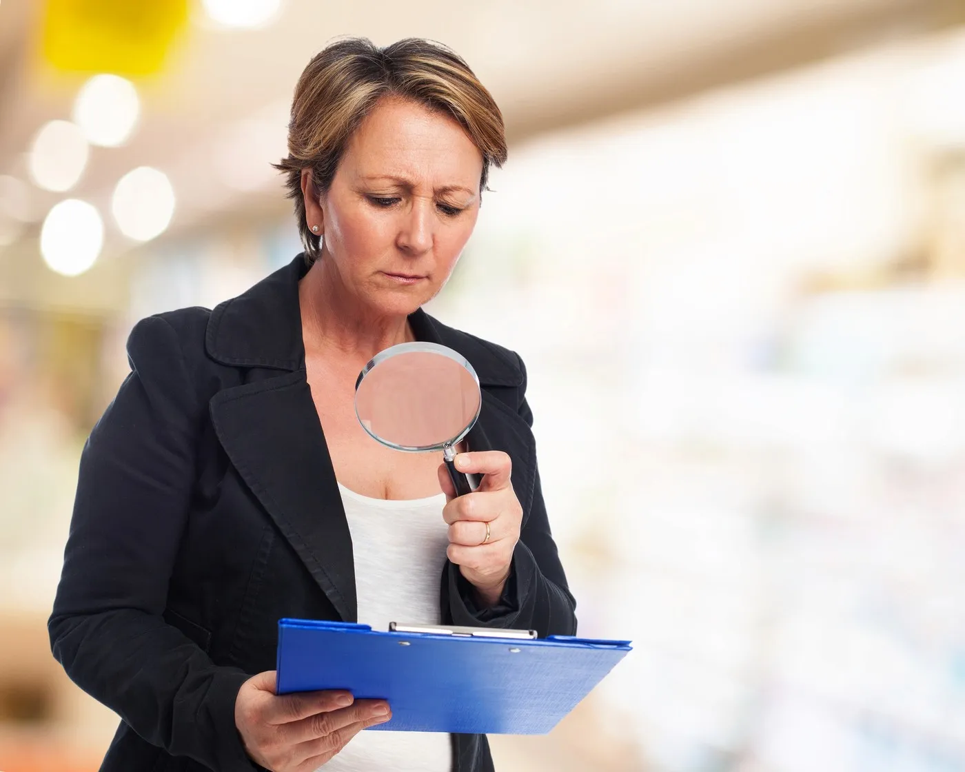 Mulher analisando documentos com uma lupa, representando auditoria e verificação em um processo auditável na gestão pública.