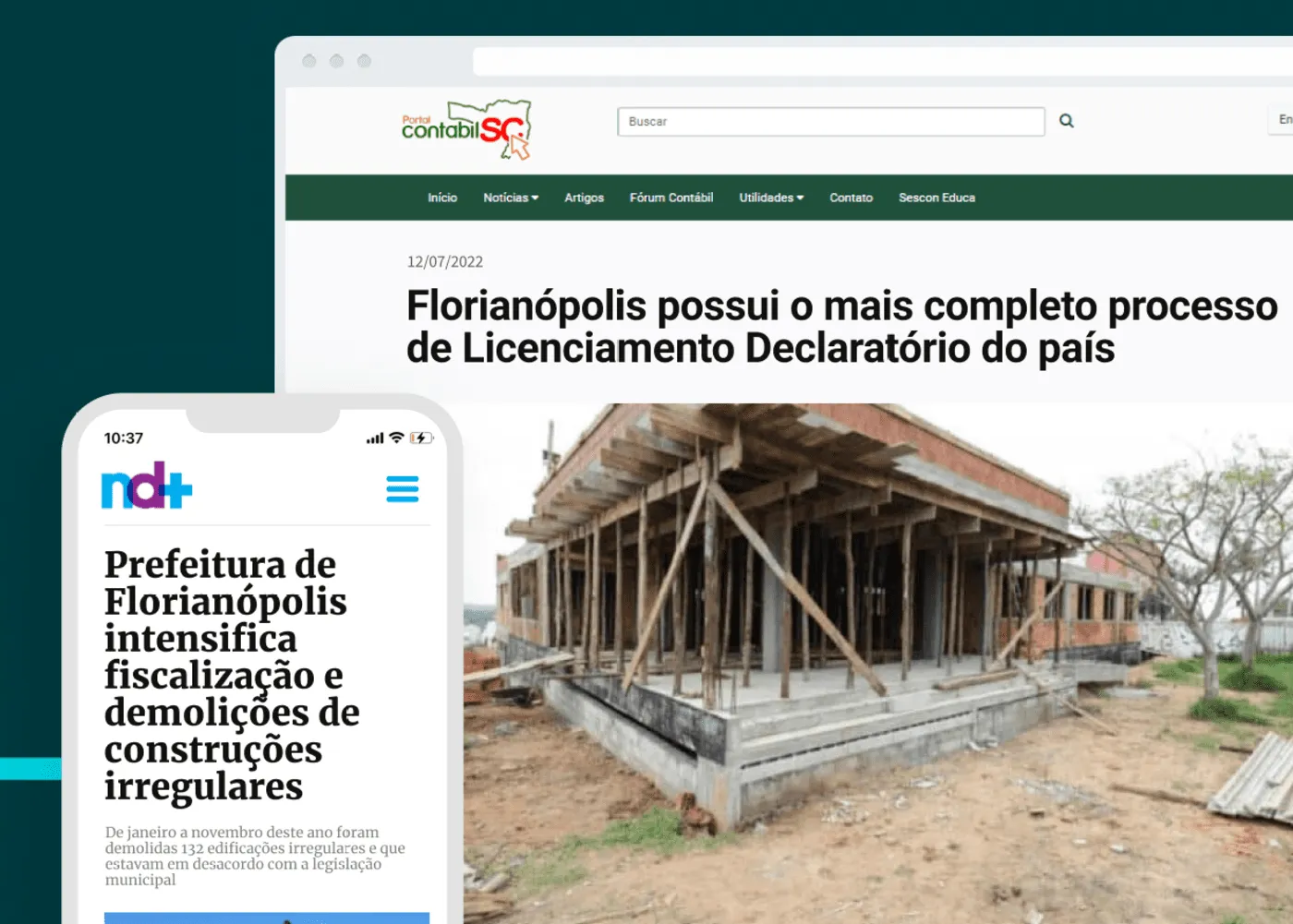 Notícias destacando o licenciamento declaratório digital e o processo auditável de obras em Florianópolis, exemplo de fiscalização e gestão urbana eficiente.