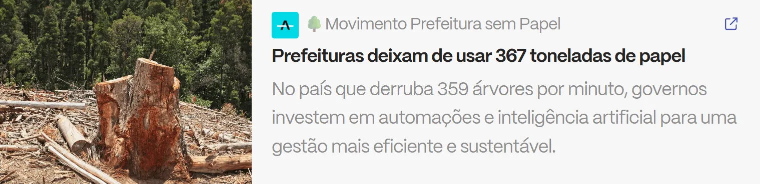 Box de chamada do movimento Prefeitura sem Papel, mostrando dados sobre economia de papel e automações sustentáveis na gestão pública.
