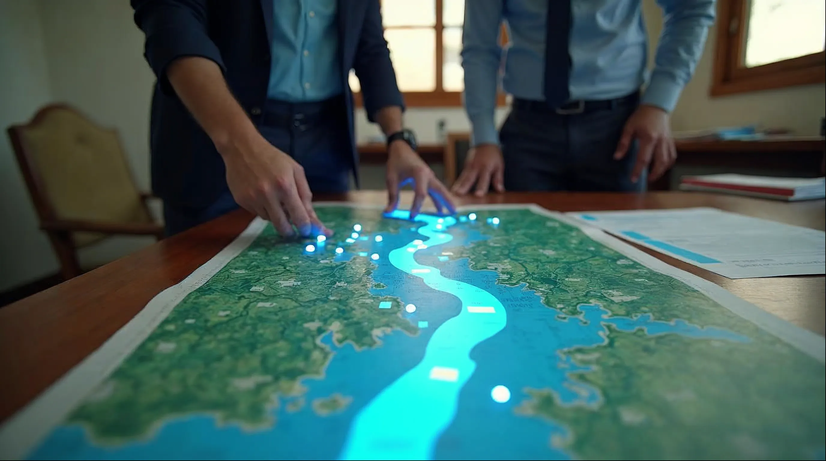 Secretário de meio ambiente e técnico analisam mapa impresso de bacia hidrográfica em sala da prefeitura