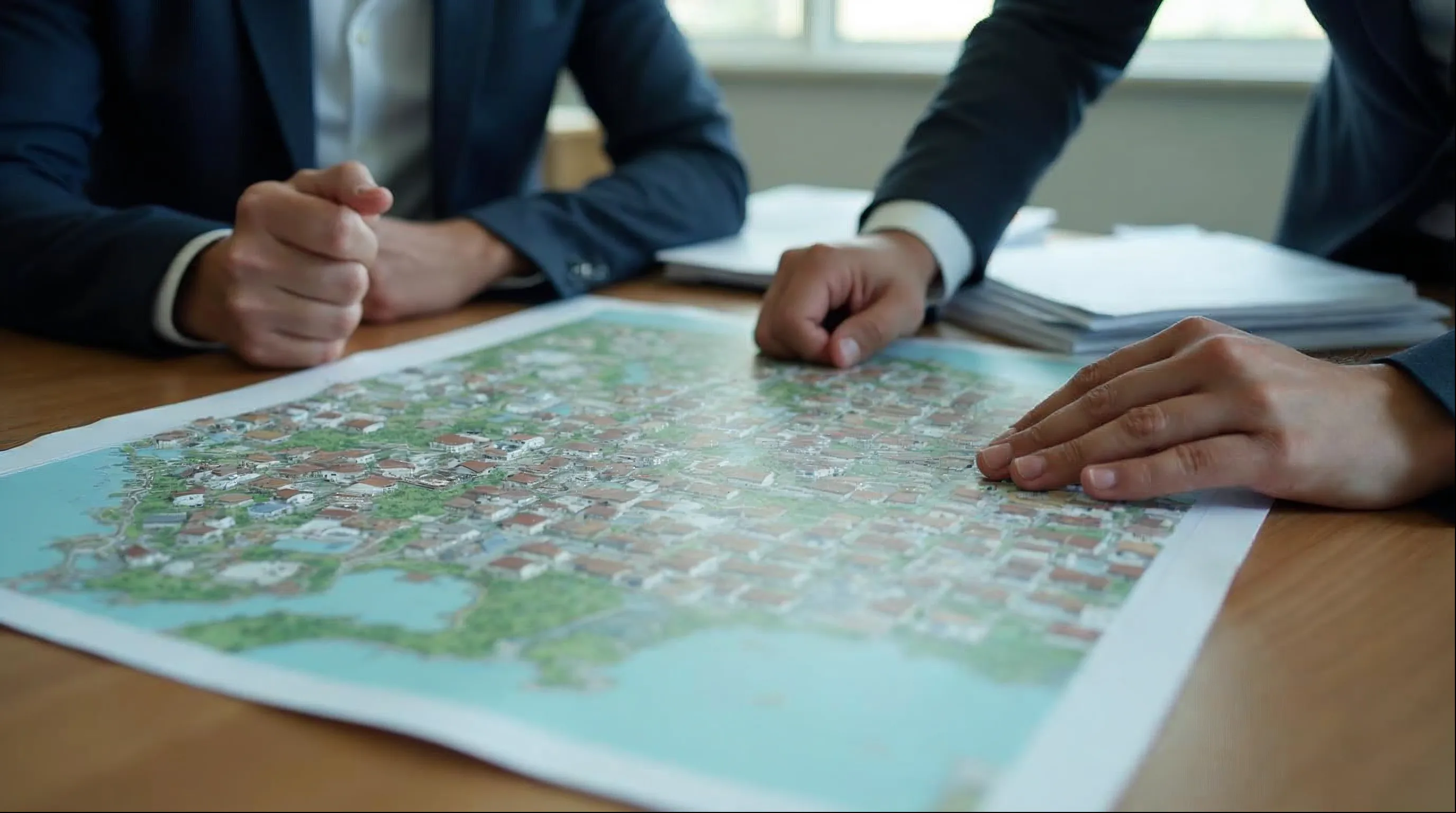Secretário de planejamento e procurador municipal analisam mapa aéreo de núcleo urbano informal