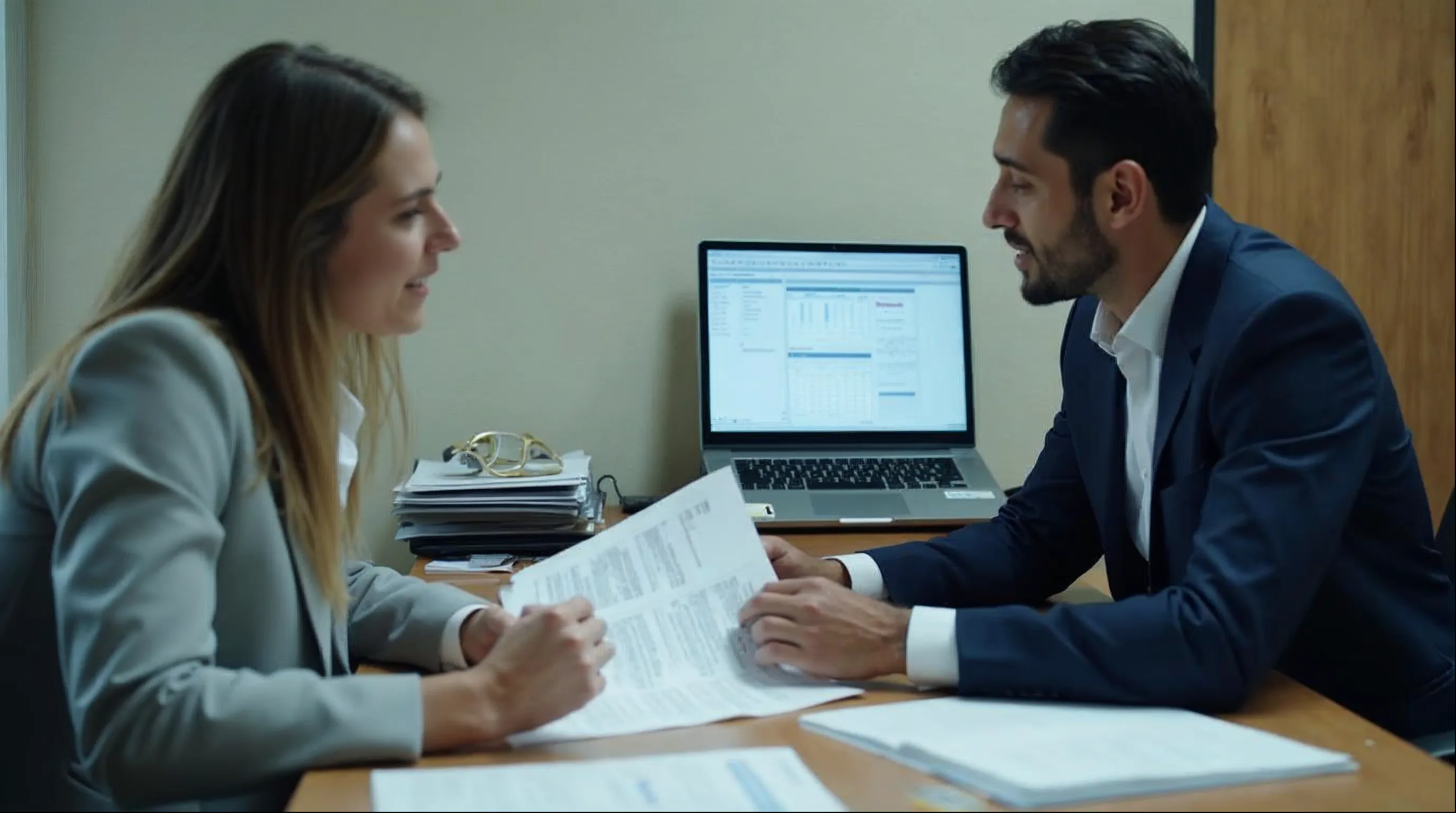 Secretário de finanças e contador analisando relatórios fiscais impressos em uma mesa de prefeitura