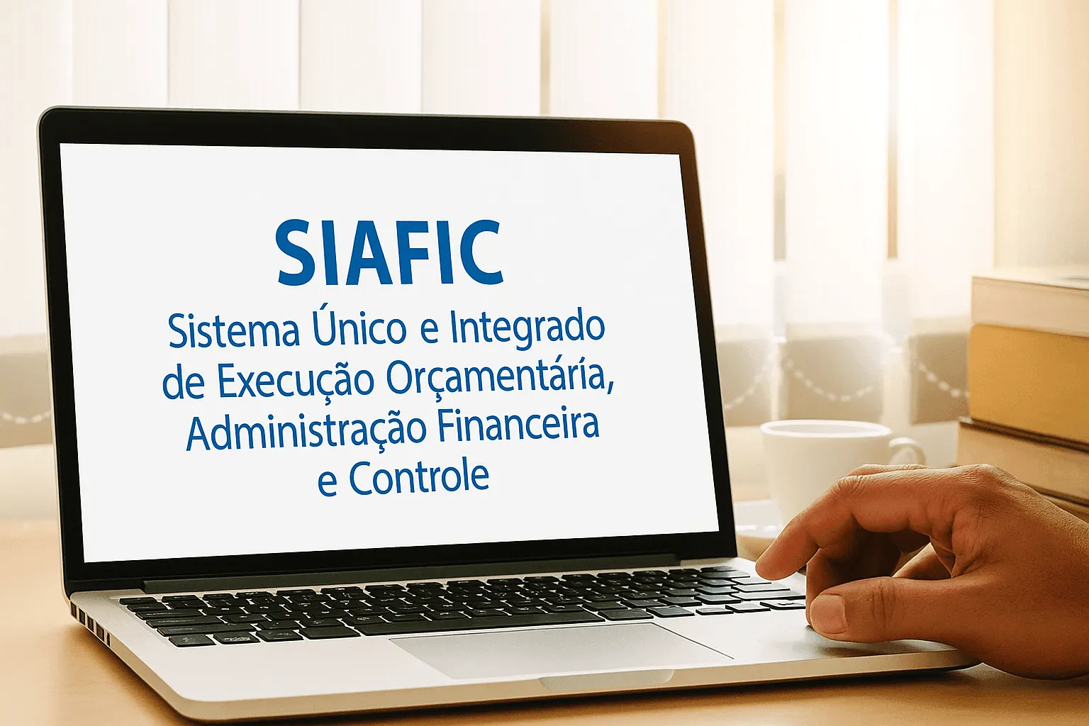 Pessoa usando notebook com o texto SIAFIC – Sistema Único e Integrado de Execução Orçamentária, Administração Financeira e Controle, representando a integração contábil e transparência na gestão pública.