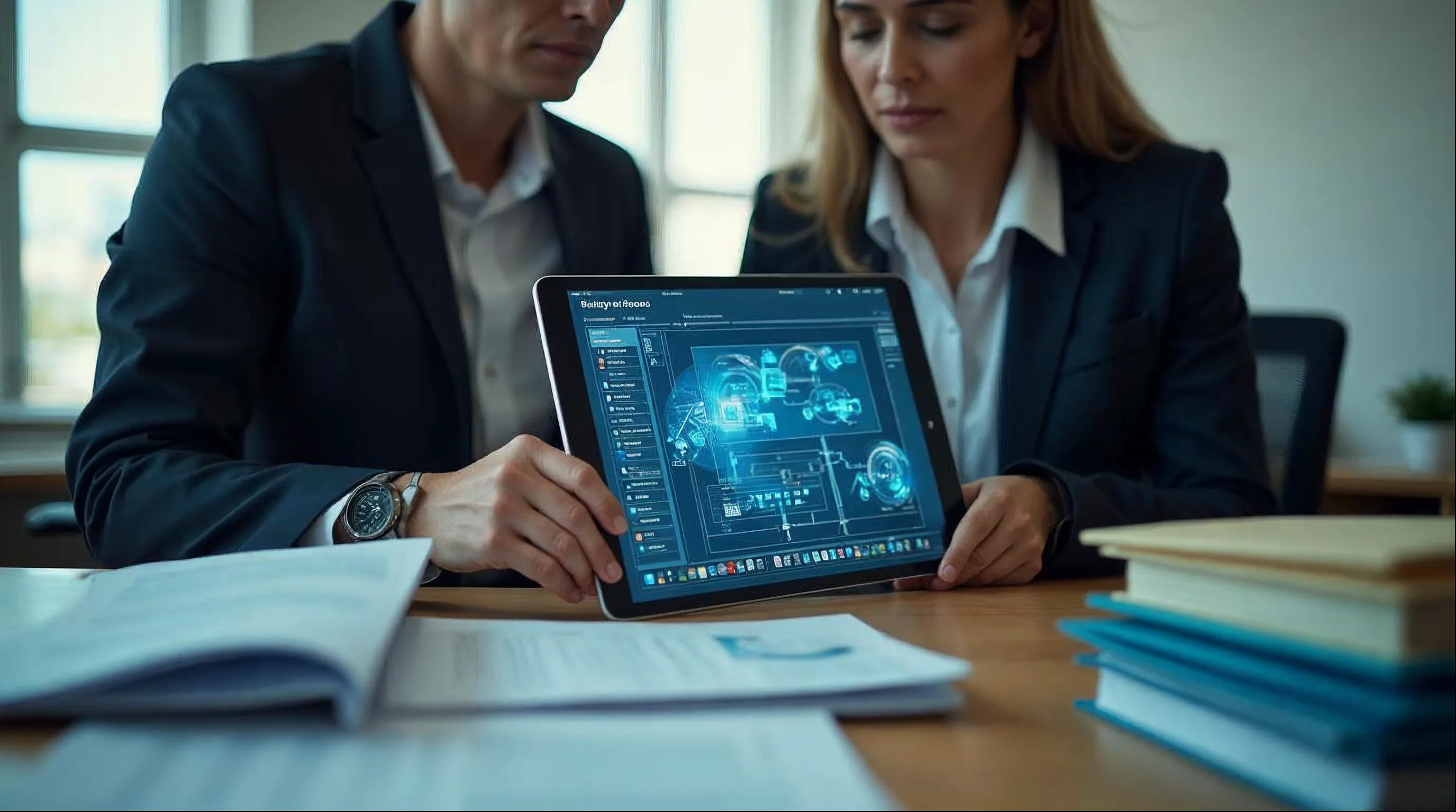 Equipe da prefeitura organizando fluxo digital de prestação de contas em tablet