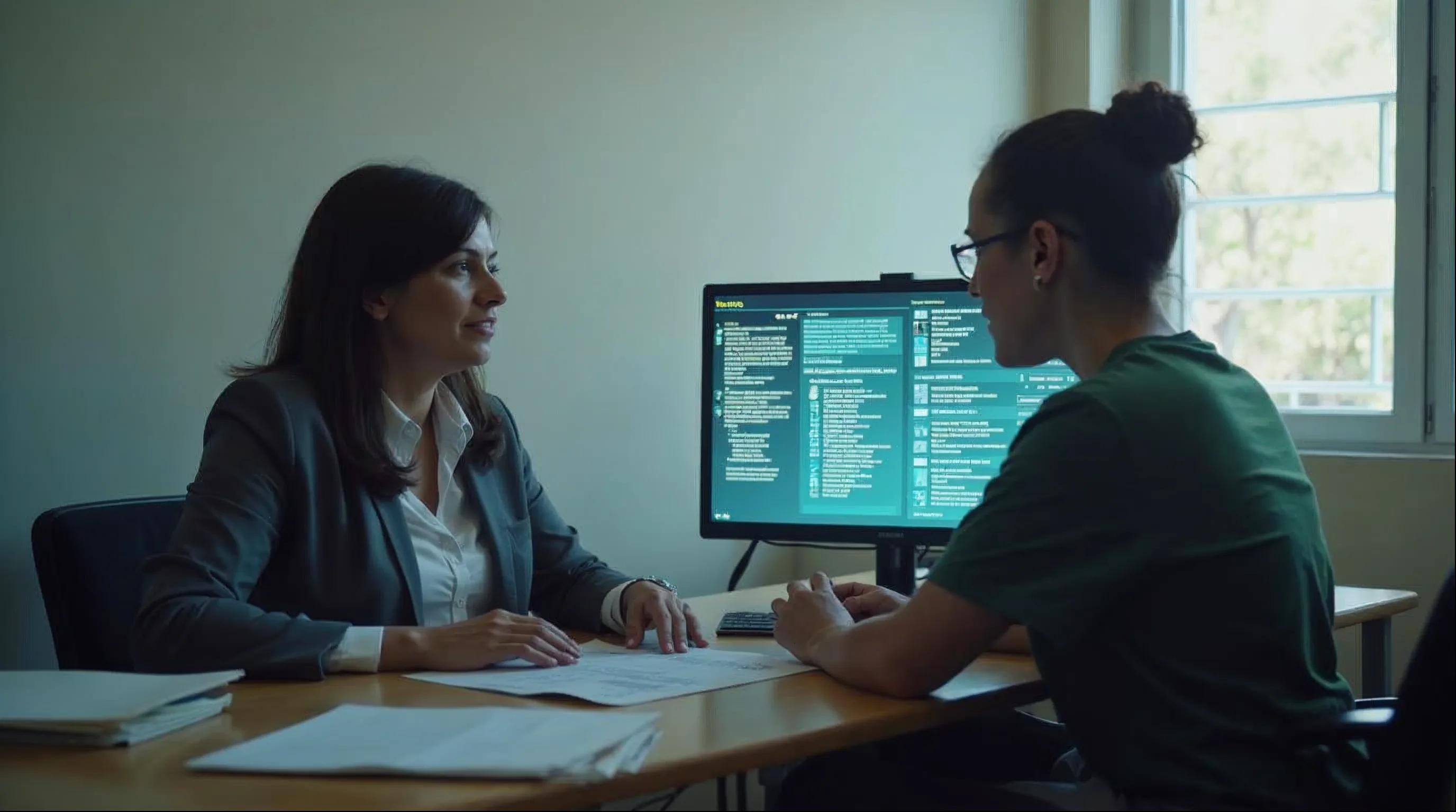 Secretária municipal de assistência social e assistente social analisando prontuários de famílias atendidas no CRAS