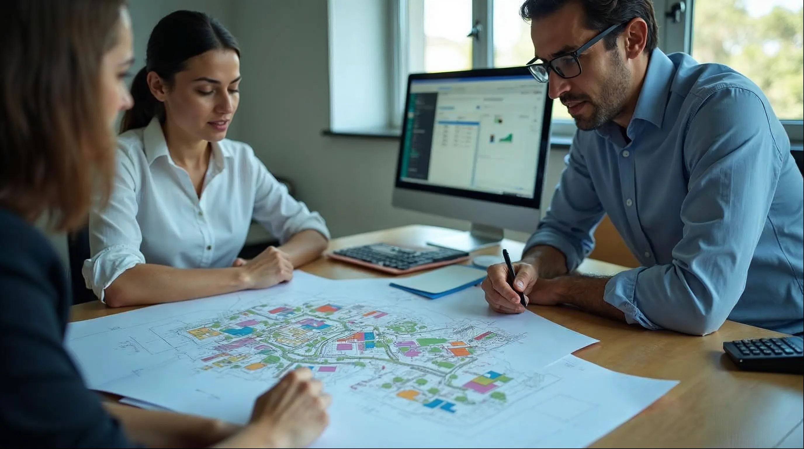Analista de planejamento urbano e secretário de uma prefeitura revisando mapa de zoneamento e planta de projeto sobre uma mesa de trabalho