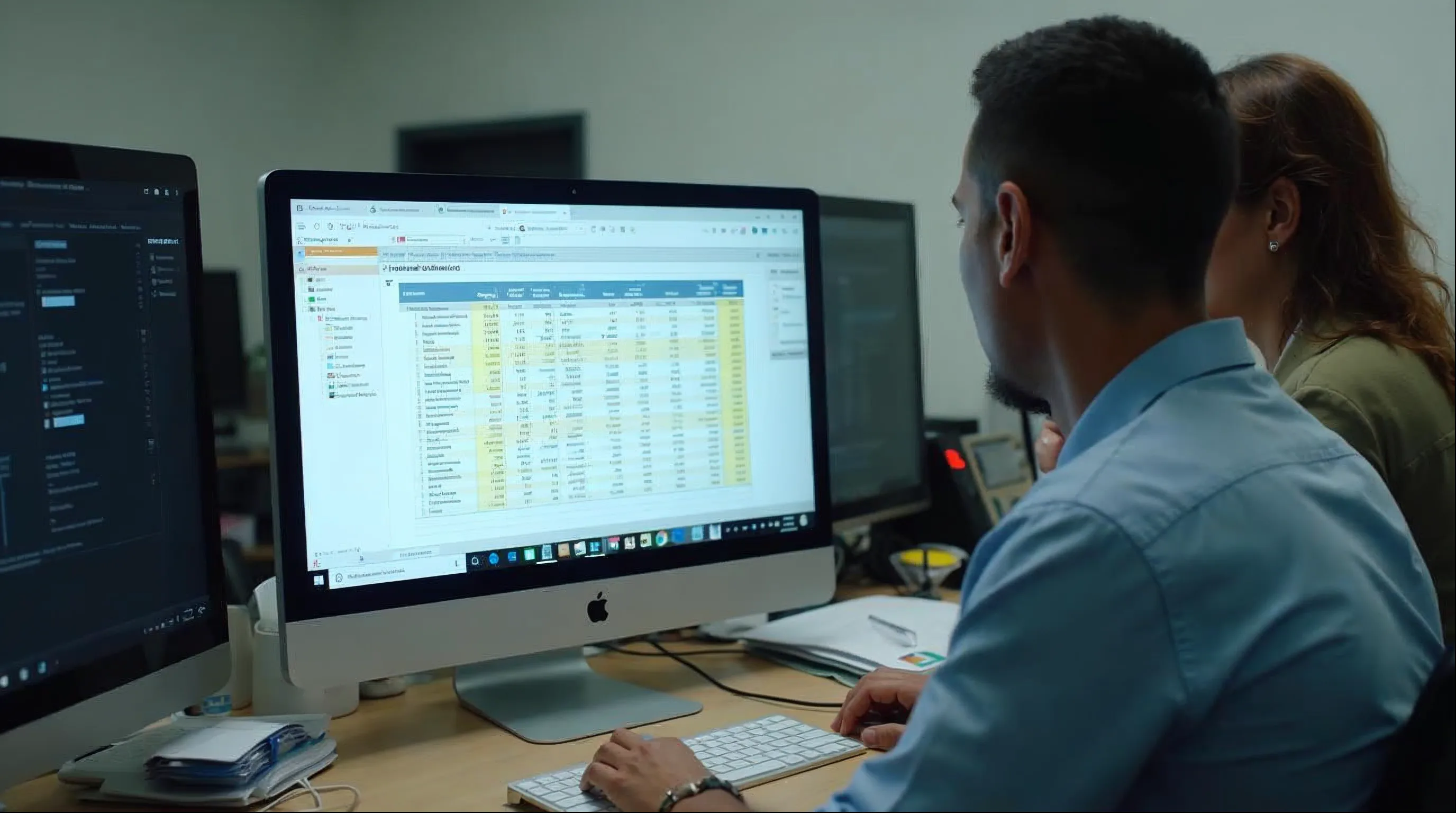 Secretário de Planejamento e coordenadora de convênios de uma prefeitura revisando plano de trabalho de transferência federal em um computador