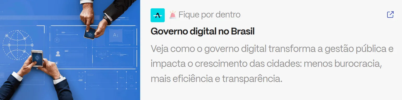 Imagem de mãos segurando dispositivos digitais sobre fundo azul, representando o conceito de governo digital e conectividade na administração pública.