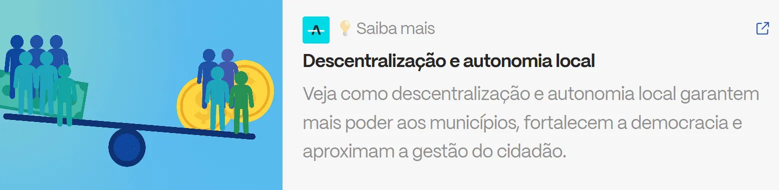 Ilustração de pessoas equilibradas em uma gangorra com moedas ao fundo, simbolizando descentralização e autonomia local na gestão pública.