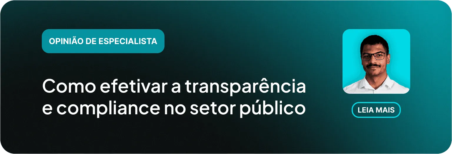 Banner com especialista em destaque sobre transparência e compliance no setor público.