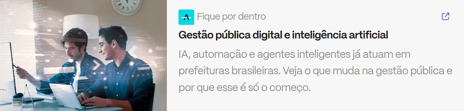 Banner sobre gestão pública digital com triagem automatizada e uso de inteligência artificial em prefeituras brasileiras.