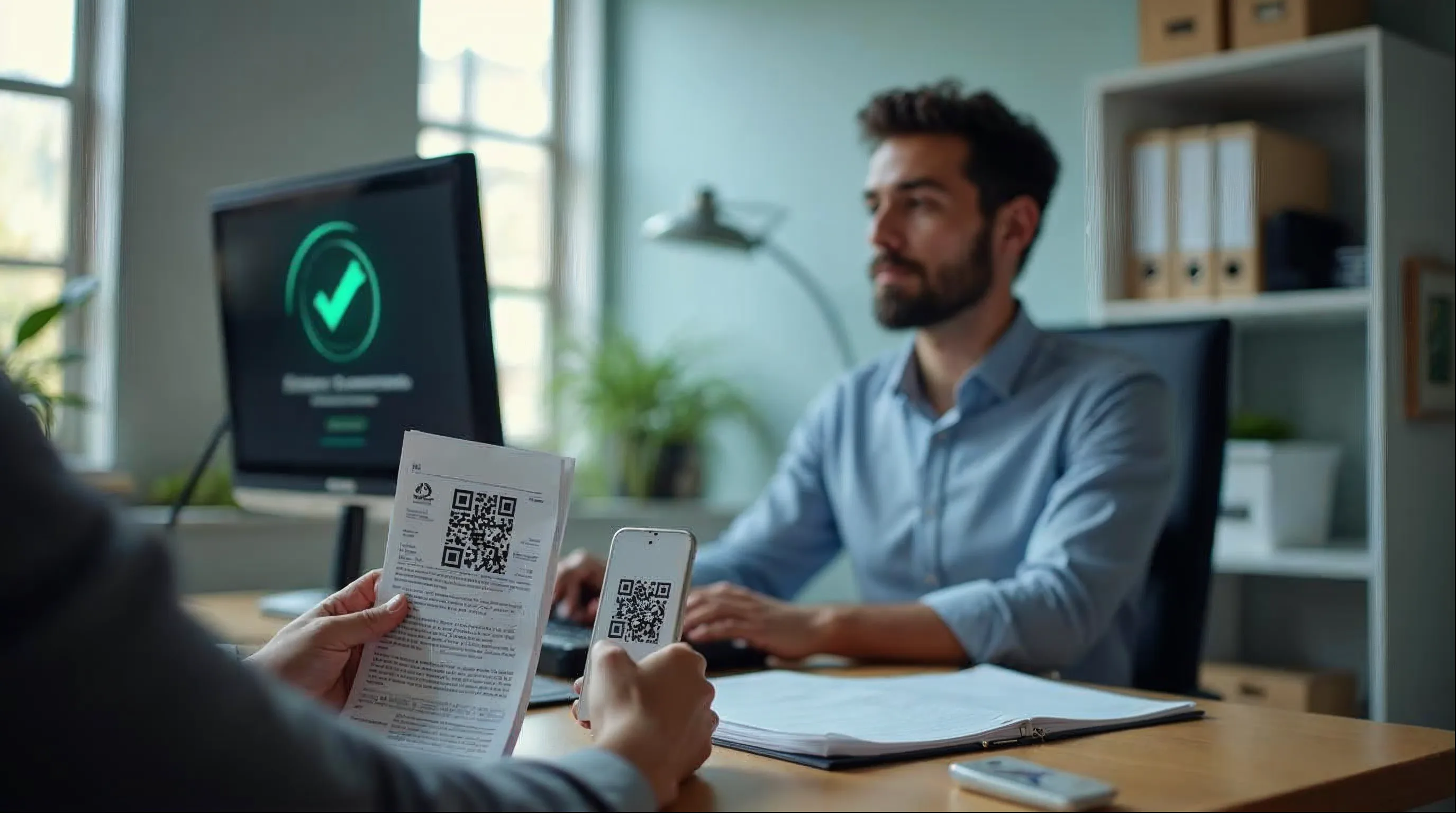 Servidor público validando documento digital com QR Code em prefeitura