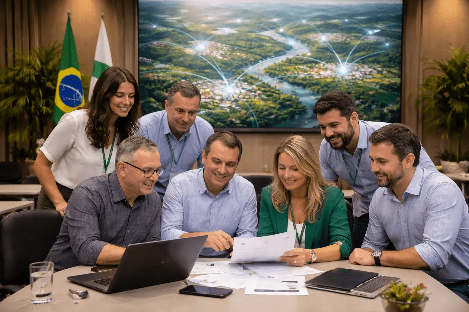 Fachada de prédio da prefeitura com bandeiras do Brasil