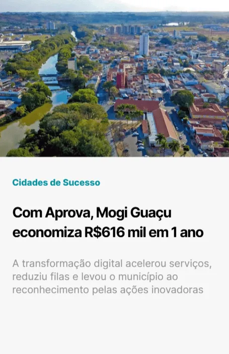 Imagem aérea de Mogi Guaçu com case de economia de R$ 616 mil em 1 ano, resultado da transformação digital e maior competitividade no ranking municipal.