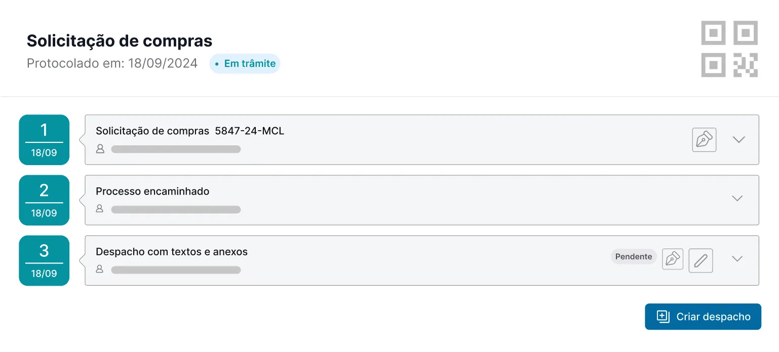 Solicitação de compras protocolada, em trâmite, com timeline de etapas