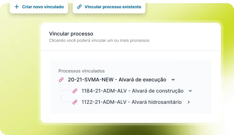 Tela de vinculação de processos da plataforma Aprova