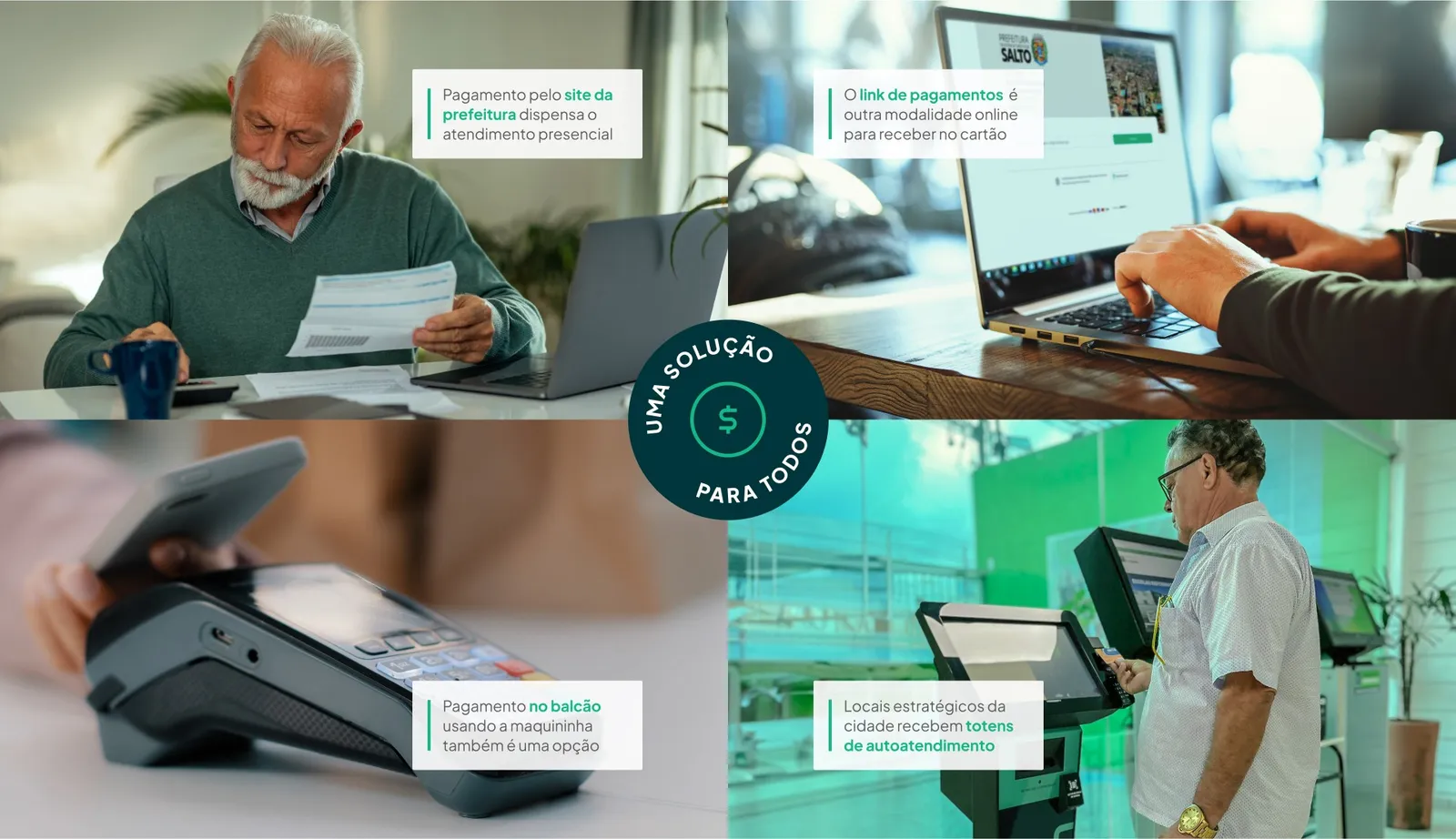 Cidadãos e servidores usando a solução de pagamentos em diferentes canais